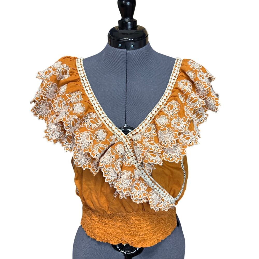 Anthropologie Lace Trim Wrap Top S Boho Cottagecore Flutter Sleeve